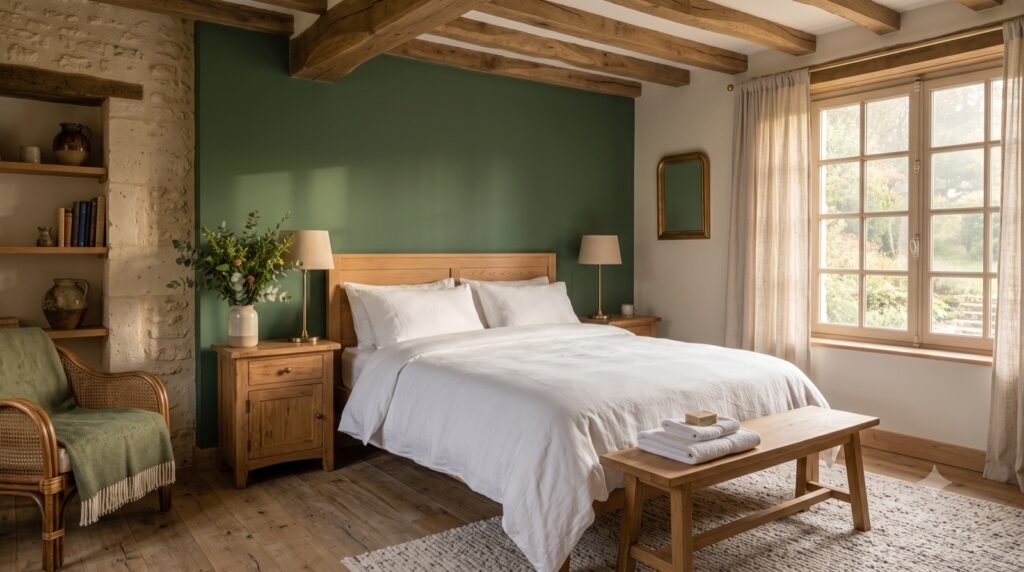 Chambre au linge blanc d'une location saisonnière en Normandie